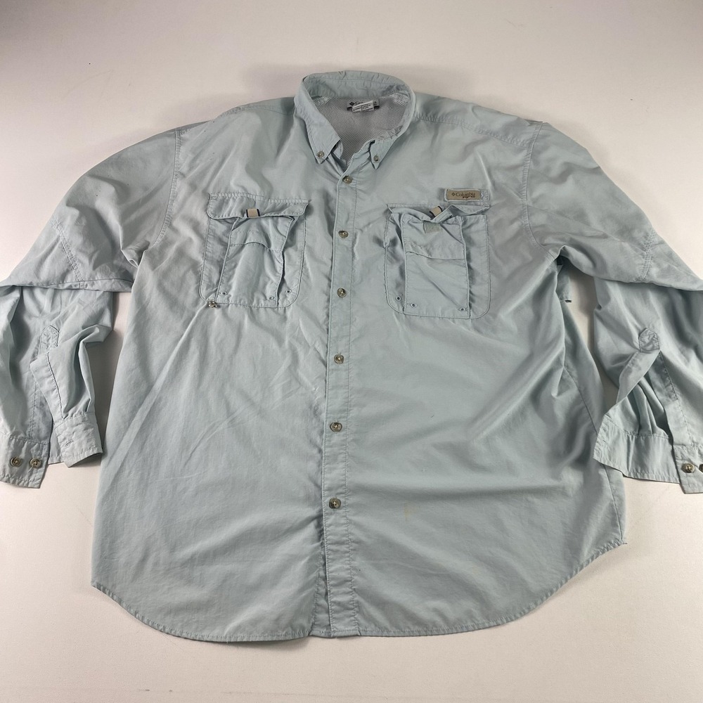 Columbia PFG Shirt Mens‎ XL Blue Omni-Shade Fishing Vented Pockets Outdoor Nylon